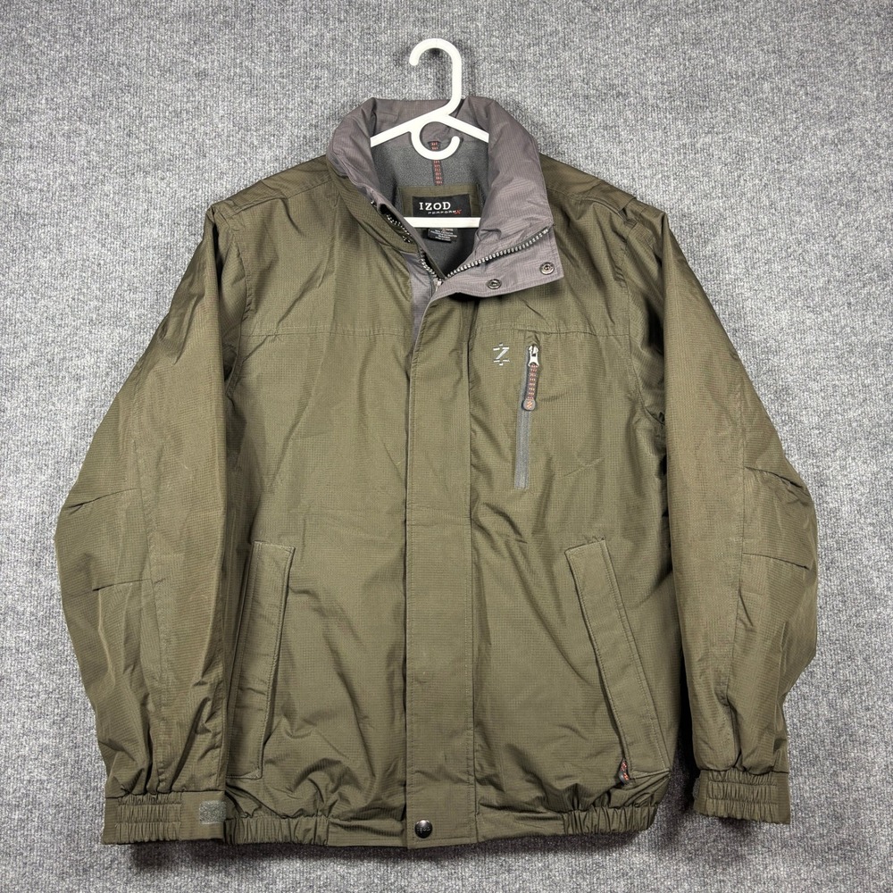 IZOD Jacket Men Large Olive Green PerformX Ripstop Fleece Lined Hideaway Hood